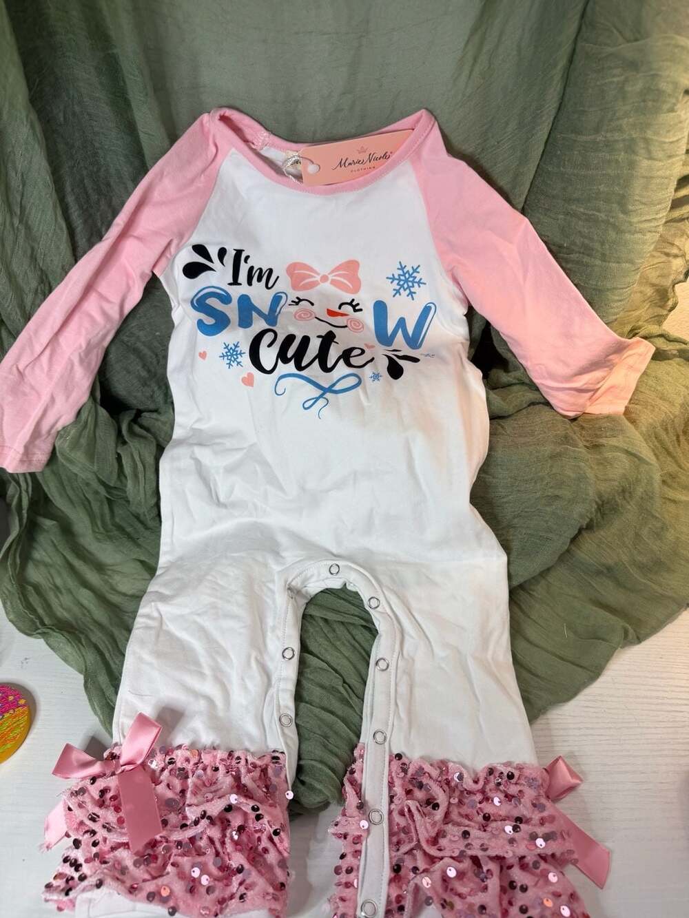 Marie Nicole Clothing Pink 'I'm Snow Cute' Sequin Ruffle Romper